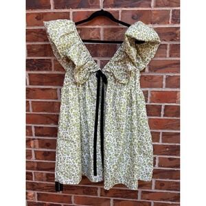 Ethically Made Green Floral Ruffle Shoulder Babydoll Mini Dress Velvet Tie NEW